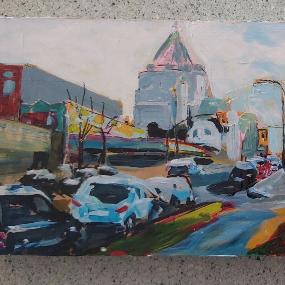 LEEF EVANS Original Art Acrylic on Cradle Board Gore Powell Vancouver City Scene